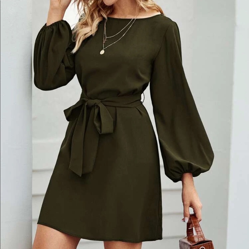 Boho boat neck bishop sleeve belted dress fall